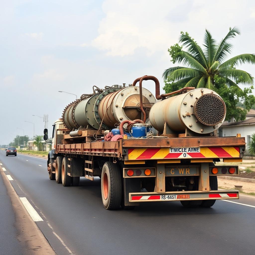Flatbed trailer carrying industrial oil equipment Nigeria
