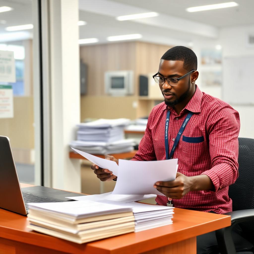 Customs clearing agent reviewing shipping documents Port Harcourt office