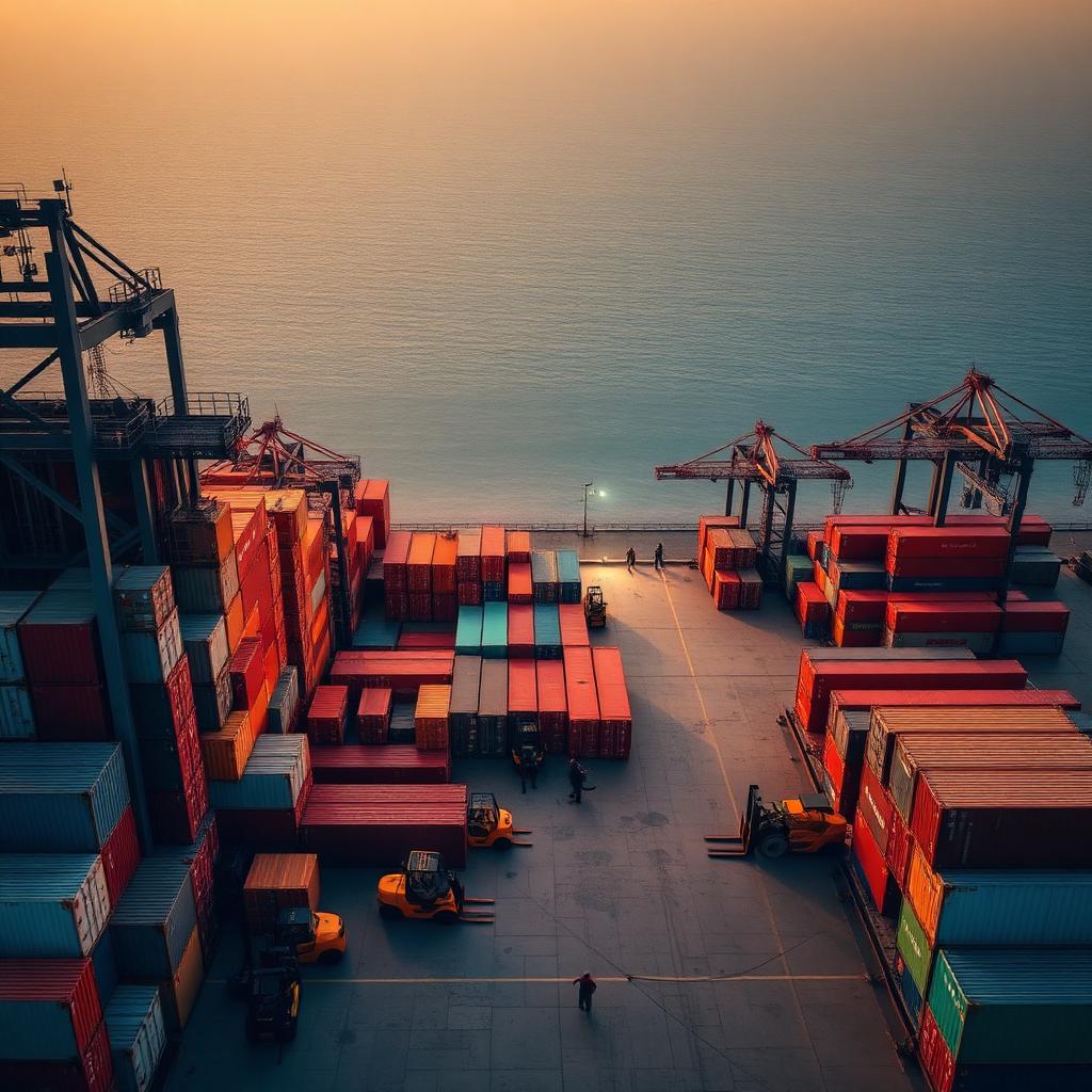 Aerial view of container yard and forklifts at Nigerian port terminal