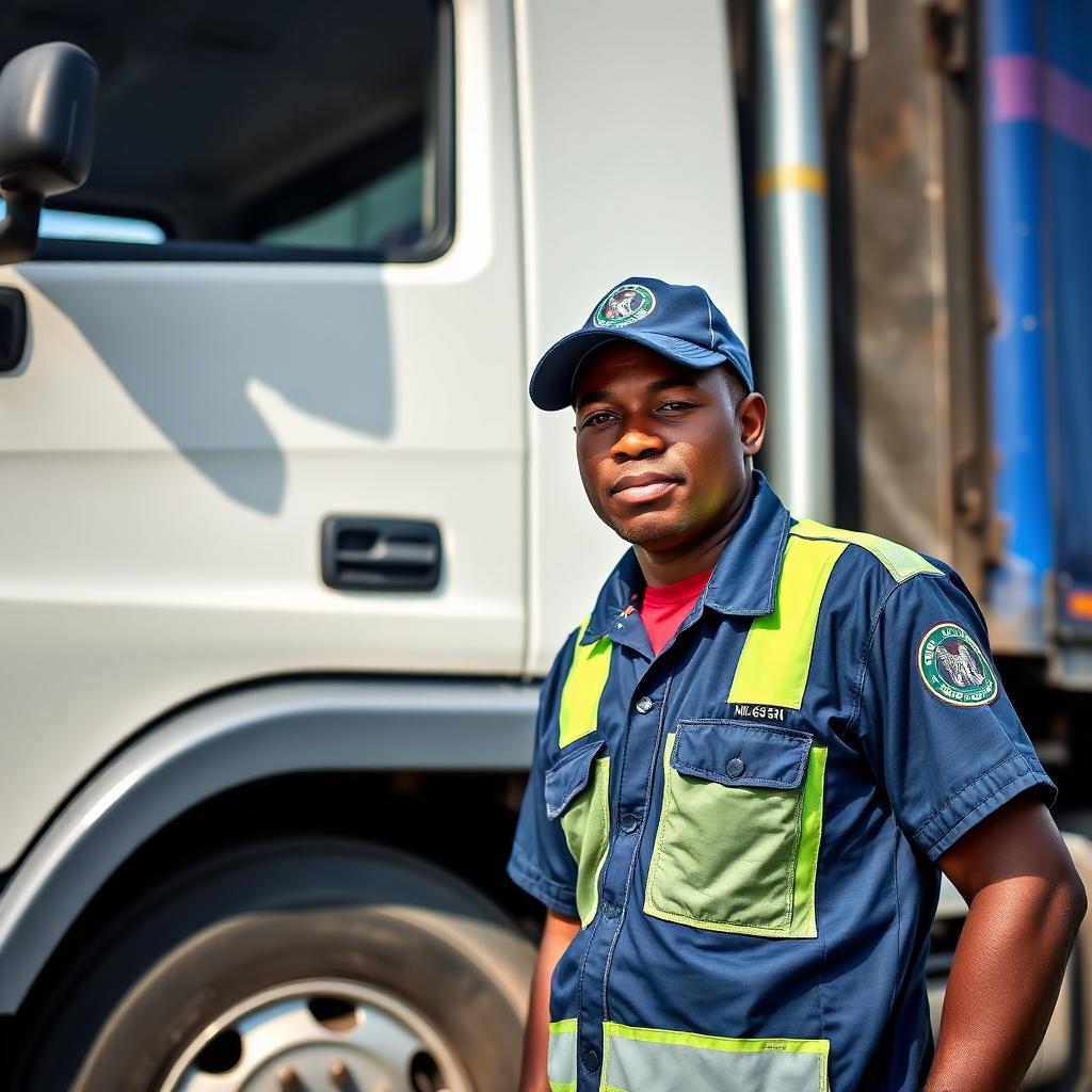 Timstar haulage driver next to company truck Nigeria
